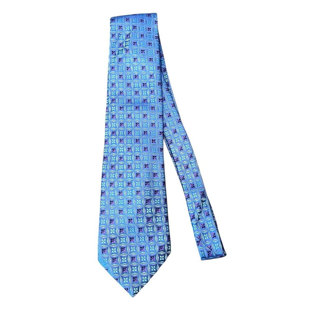 Canali 100% Silk Neck Tie Blue Purple Flower Medallion Pattern Made In Italy